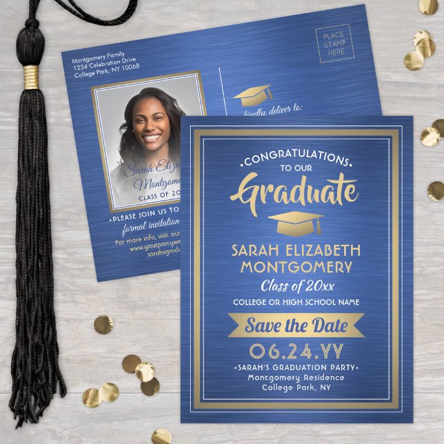 Glückwunschs Graduate Brushed Blue Save the Date F Ankündigungspostkarte (Von Creator hochgeladen)