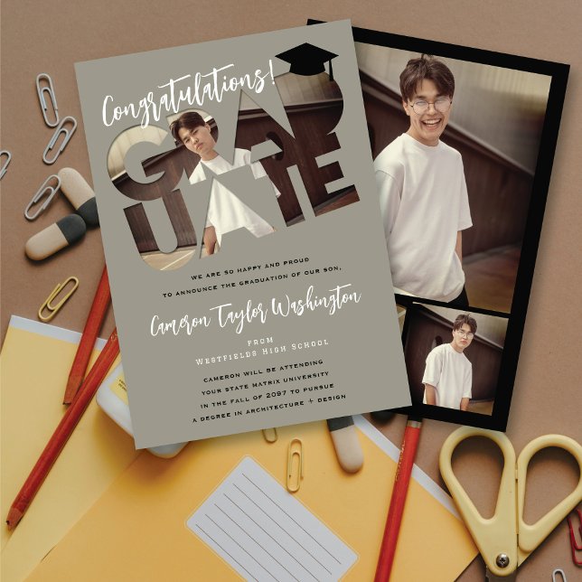 Glückwunschs Graduate Gray Cutout Foto Abschluss Einladung (Congratulations! Graduate Grey Cutout Modern Photo Graduation Announcement Card @ fatfatin)