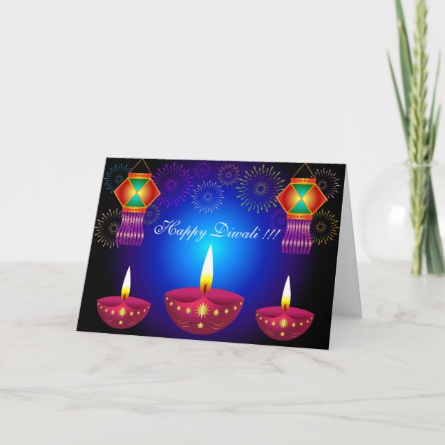 Glühende Diwali Lampen, Laternen u. Feuerwerke Karte (Vorderseite)