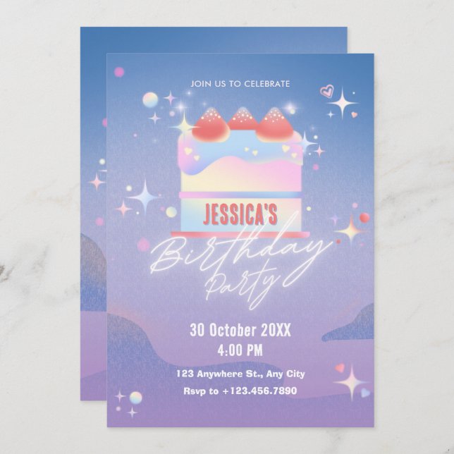 Glühende Erdbeerkuchen Geburtstag Einladung (Vorne/Hinten)