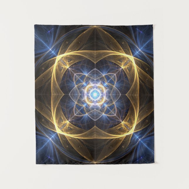 Glühende Gold Blue Fraktal Energy Tapestry Wandteppich (Vorderseite)