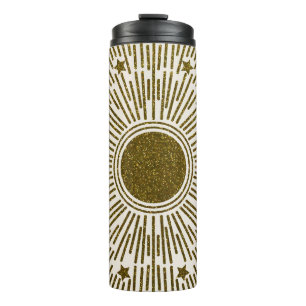 Glühende goldene Sonne, Vintage Strahlen. Thermosbecher