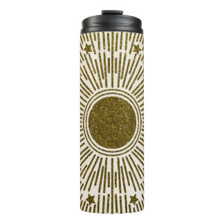Glühende goldene Sonne, Vintage Strahlen. Thermosbecher