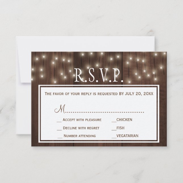 Glühende Lichter rustikale Scheunenholz Hochzeit R RSVP Karte (Vorderseite)