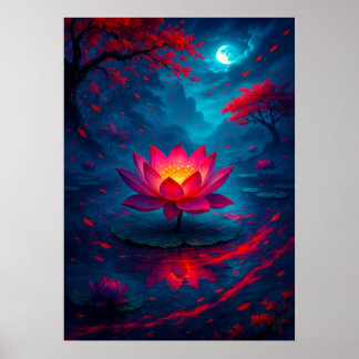 Glühende Lotus-Blume unter Moonlight Fantasy Poster