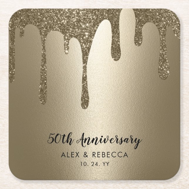 glühende Metallic Gold Tropfen 50 Jahre alt Rechteckiger Pappuntersetzer (Vorderseite)