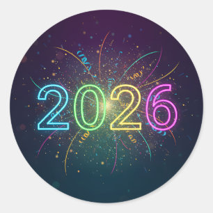 Glühende Neon 2026 Zahlen mit Konfetti und Feuerwe Runder Aufkleber