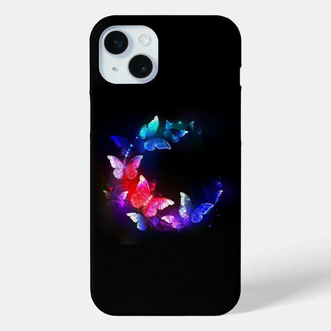 Glühende Neon-Nachtschmetterlinge auf schwarzem Hi Case-Mate iPhone Hülle (Rückseite)