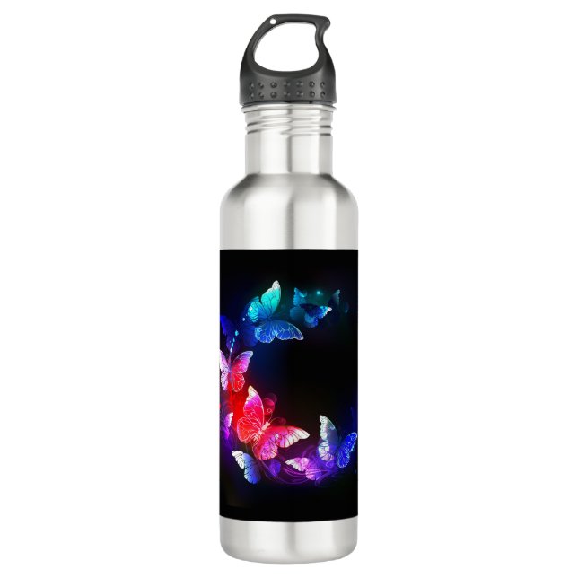 Glühende Neon-Nachtschmetterlinge auf schwarzem Hi Edelstahlflasche (Vorderseite)