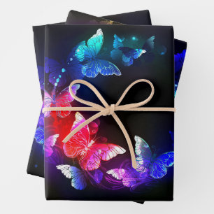 Glühende Neon-Nachtschmetterlinge auf schwarzem Hi Geschenkpapier Set