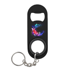 Glühende Neon-Nachtschmetterlinge auf schwarzem Hi Mini Flaschenöffner