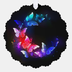 Glühende Neon-Nachtschmetterlinge auf schwarzem Hi Ornament Karte