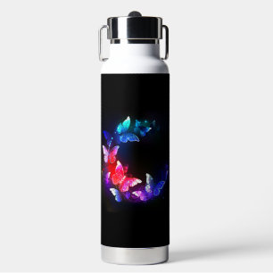Glühende Neon-Nachtschmetterlinge auf schwarzem Hi Trinkflasche