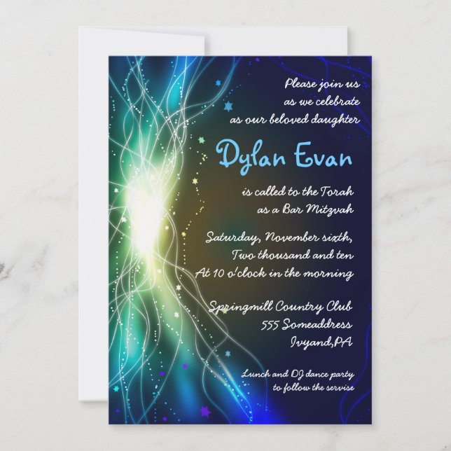 Glühende Neon Stars Bar Mitzvah Einladung blau (Vorderseite)