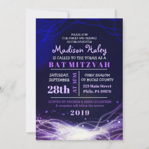 Glühende Neon Stars Bat Mitzvah Einladung Lila