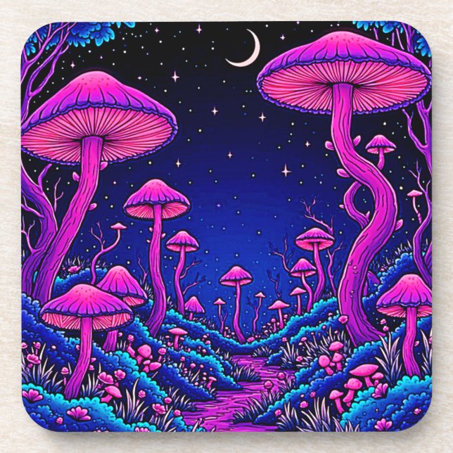 Glühende Psychedelic Mushroom Forest Night Getränkeuntersetzer (Vorderseite)