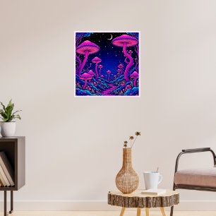 Glühende Psychedelic Mushroom Forest Night Poster