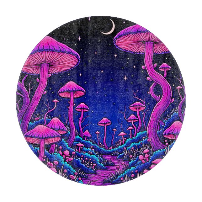 Glühende Psychedelic Mushroom Forest Night Schneidebrett (Vorderseite)