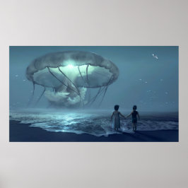 Glühende Quallenwolke über dem Meeresstrand Poster