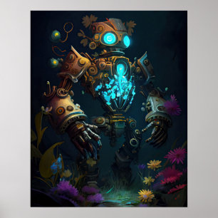 Glühende Roboter und Blume Poster