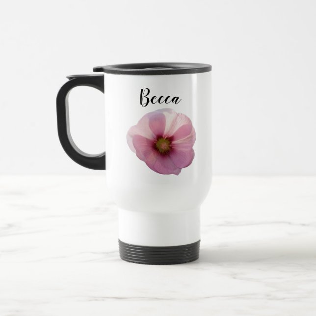 Glühende rosa Hollyhock-Blume Personalisiert Reisebecher (Links)