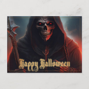 Glühende rote Augen Sensenmann Halloween Kunst Feiertagspostkarte