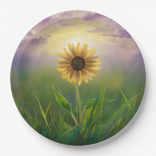 Glühende Sonnenblume auf grasbedecktem Feld Pappteller