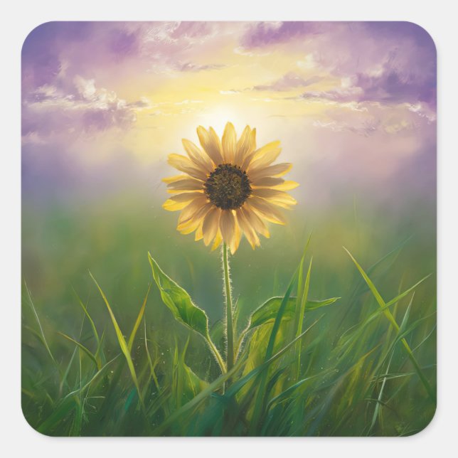 Glühende Sonnenblume auf grasbedecktem Feld Quadratischer Aufkleber (Vorderseite)