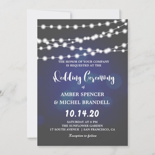 Glühende String Lights Deep Blue Wedding lädt ein Einladung (Vorderseite)