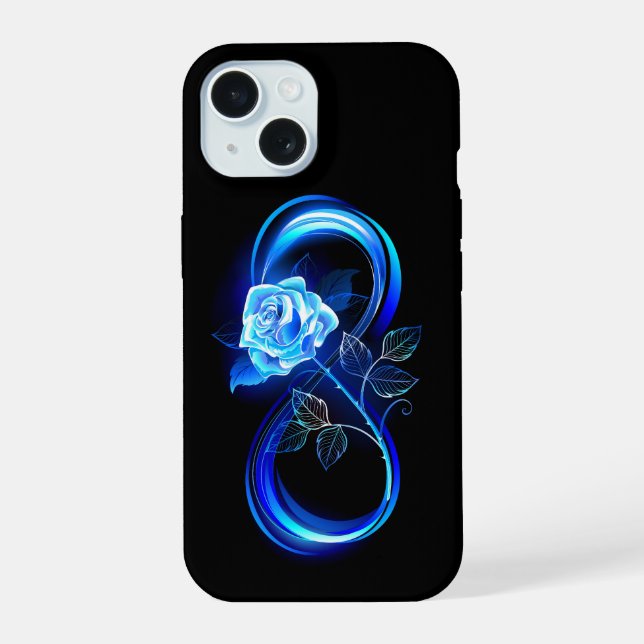 Glühende Unendlichkeit mit blauer Rose iPhone 15 Hülle (Rückseite)