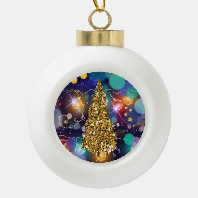 Glühende Weihnachtsbeleuchtung Bokeh Golden Tree & Keramik Kugel-Ornament (Vorderseite)