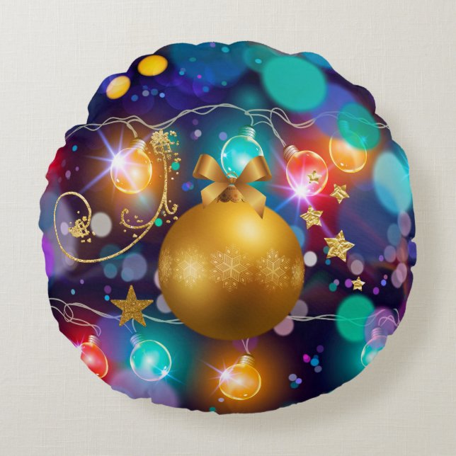 Glühende Weihnachtsbeleuchtung Bokeh Goldenes Orna Rundes Kissen (Vorderseite)