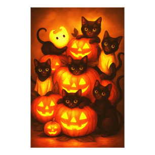 Glühender Halloween-Kürbis mit Niedlicher Schwarze Fotodruck