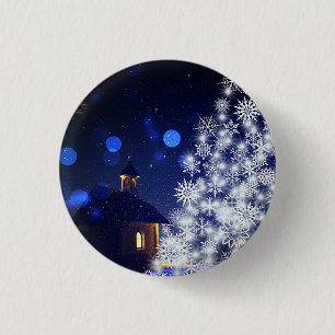 Glühender Weihnachtsbaum mit blauem Hintergrund Button