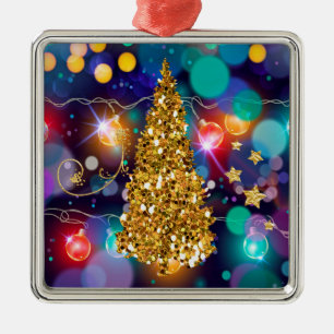 Glühender Weihnachtslichter Bokeh goldener Baum Ornament Aus Metall