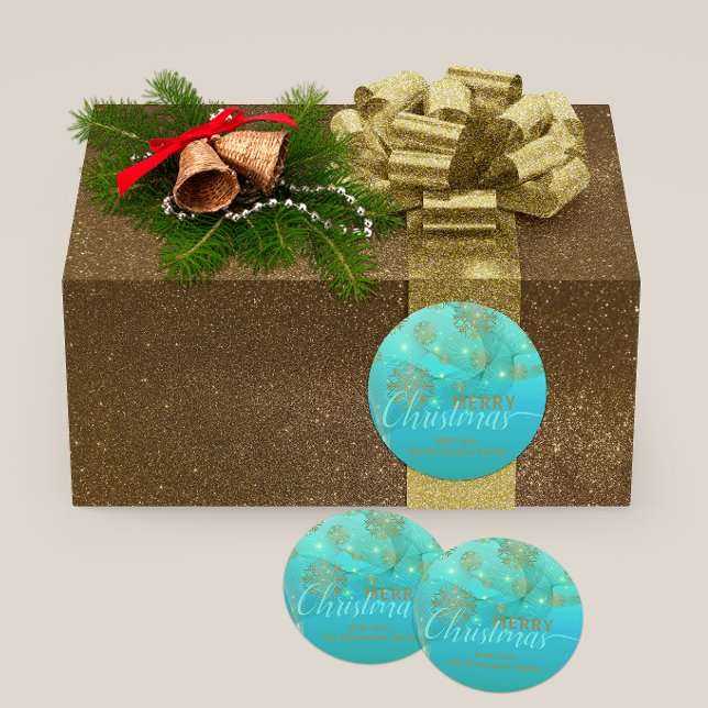 Glühendes Aquamarines Winterwonderland Frohe Weihn Runder Aufkleber (Von Creator hochgeladen)