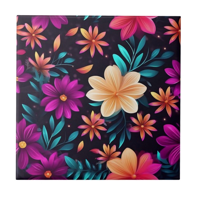 Glühendes Blumenmuster mit Neon Petals Fliese (Vorderseite)