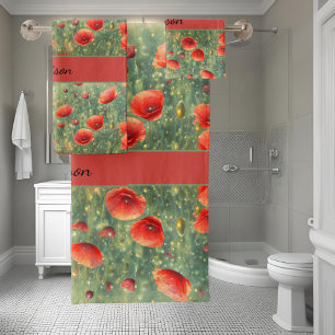 Glühendes Feld roter Mohnchen, personalisierbar Badhandtuch Set