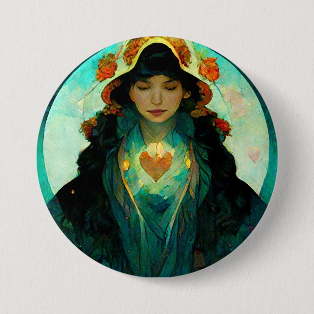 Glühendes Herz Woman Fantasy Sci-Fi Button (Vorderseite)