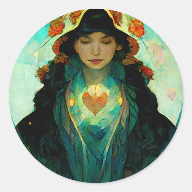 Glühendes Herz Woman Fantasy Sci-Fi Runder Aufkleber (Vorderseite)