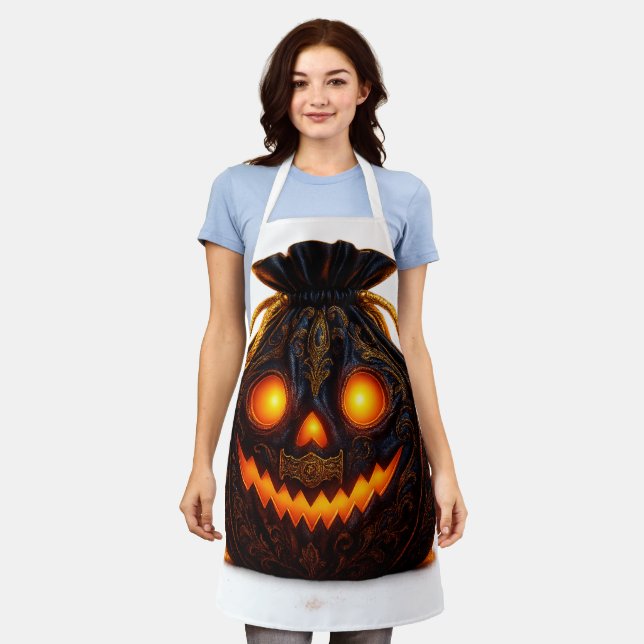 Glühendes Kürbismaul Schürze | Halloween Küchen-Sp (Getragen)