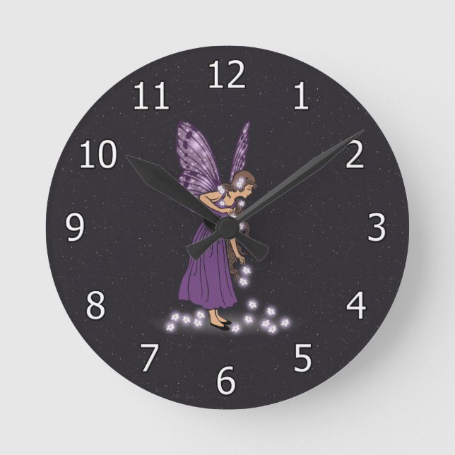 Glühendes Stern-Blumen-hübsches lila feenhaftes Runde Wanduhr (Vorderseite)