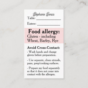 Gluten Allergy Restaurant Card, Celiac Food Safety Visitenkarte