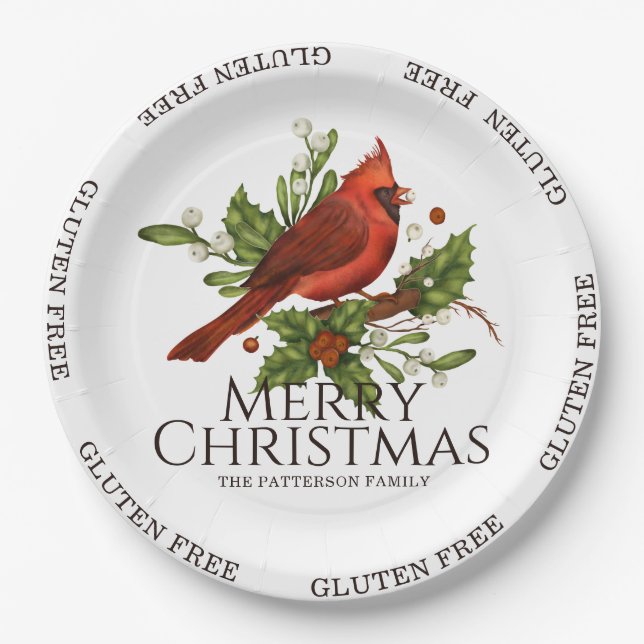 Glutenfrei frohe Weihnachten Roter Kardinal Holly Pappteller (Vorderseite)