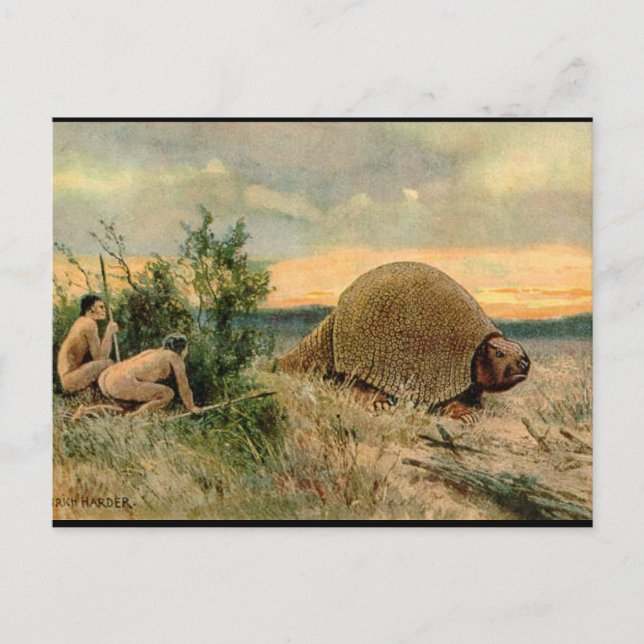 Glyptodon und Höhlenmensch jagen Vintages Bild Postkarte (Vorderseite)