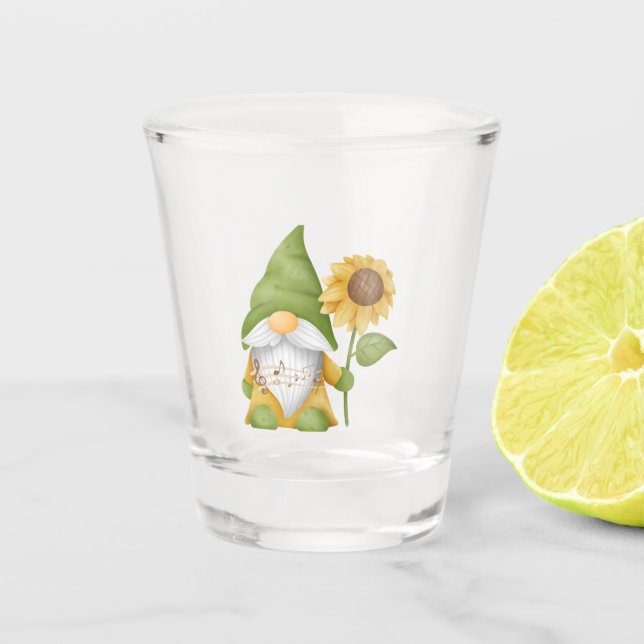Gnom mit Sonnenblume auf einem  Schnapsglas (Vorderseite)