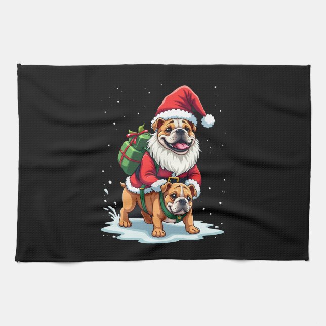 Gnom Reitender Englischer Bulldogge Weihnachten Xm Geschirrtuch (Horizontal)