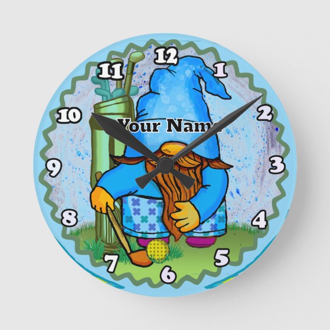 Gnom spielt Golf  Runde Wanduhr (Vorderseite)