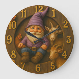 Gnome and Farm Animals in Cozy Garden Scene Große Wanduhr