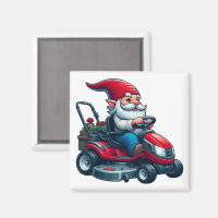 Gnome auf dem Rasenmäher mit Blume-Korb